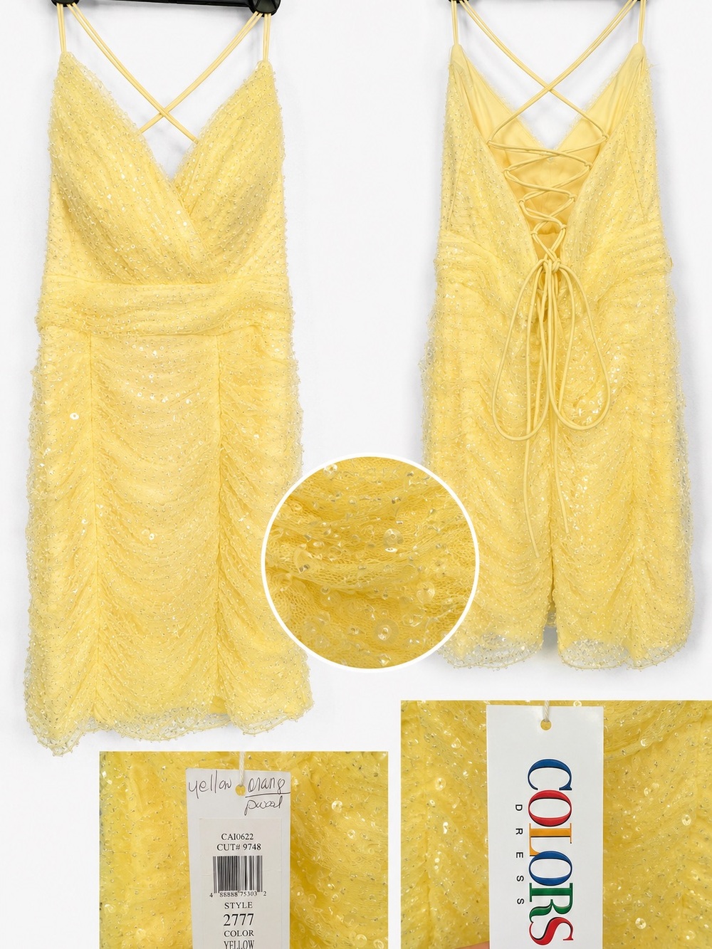 NWT Colors Dress 2777 Size 8 Yellow Sequin Beaded Lace-Up HOCO Cocktail Dress